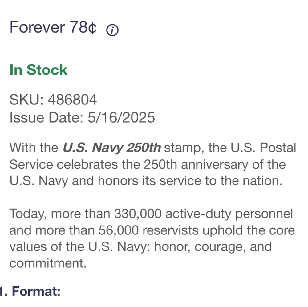 100 U.S. Navy USN 250th USPS Stamps Military Postage‎ Stamp Army Marines